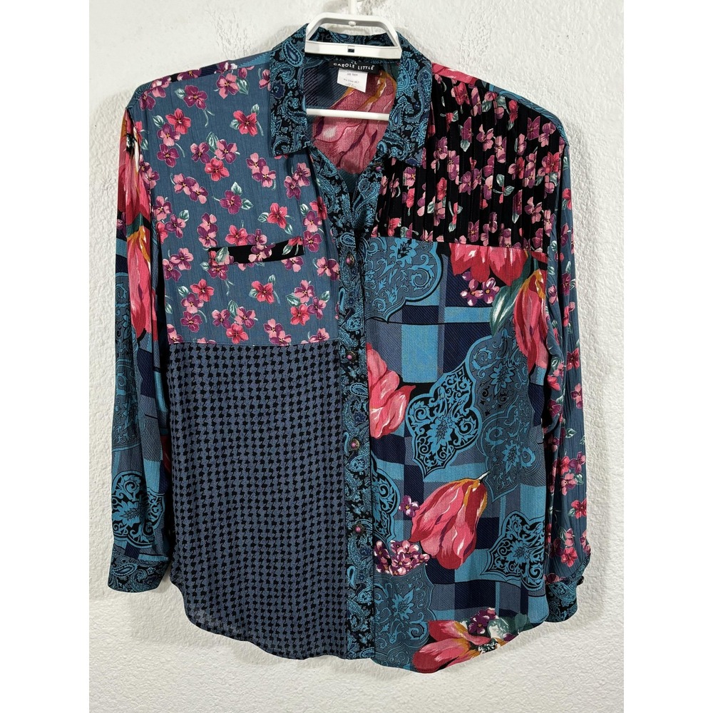 Vintage Carole Little Shirt Womens Large Patchwork Floral Rayon Made USA 90s